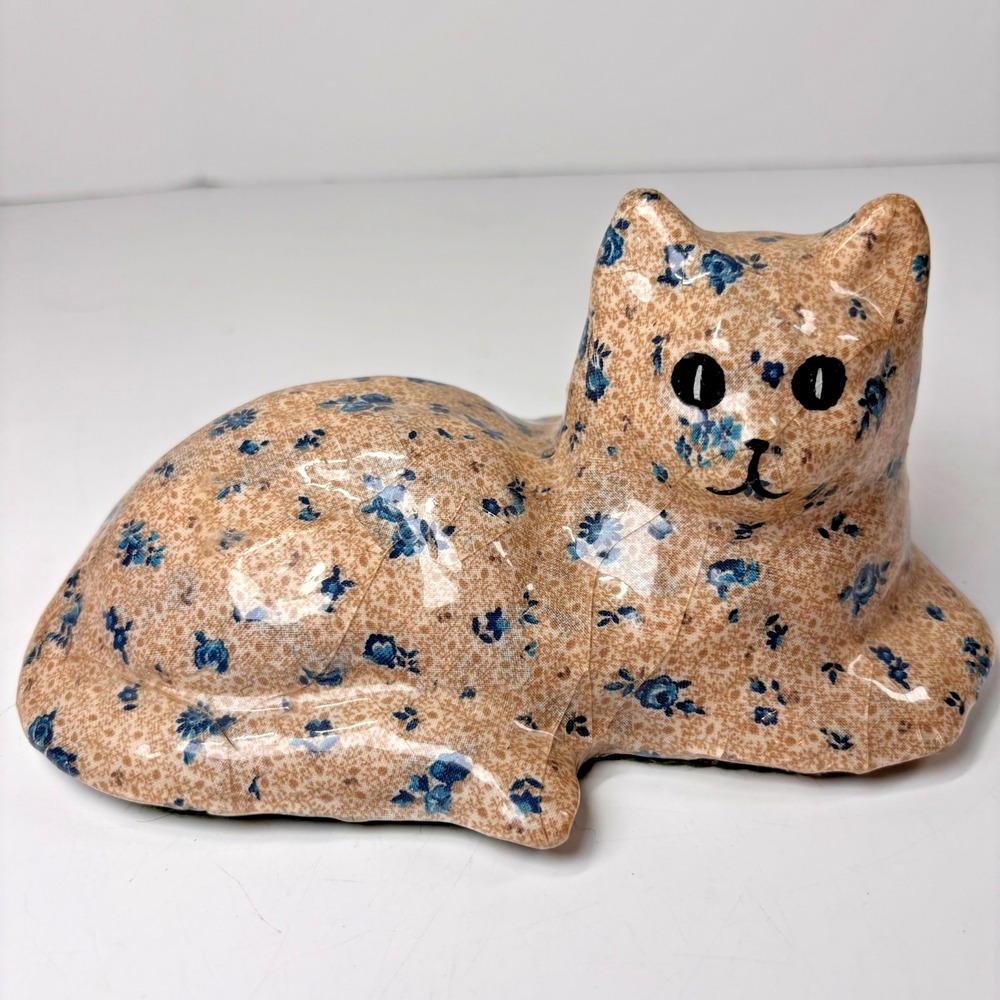 Vintage Papier Mache Cat Figurine Floral Blue Flower Decoupage Cottagecore Decor - Picture 2 of 12